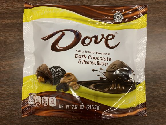 A package of Dove dark chocolate & peanut butter